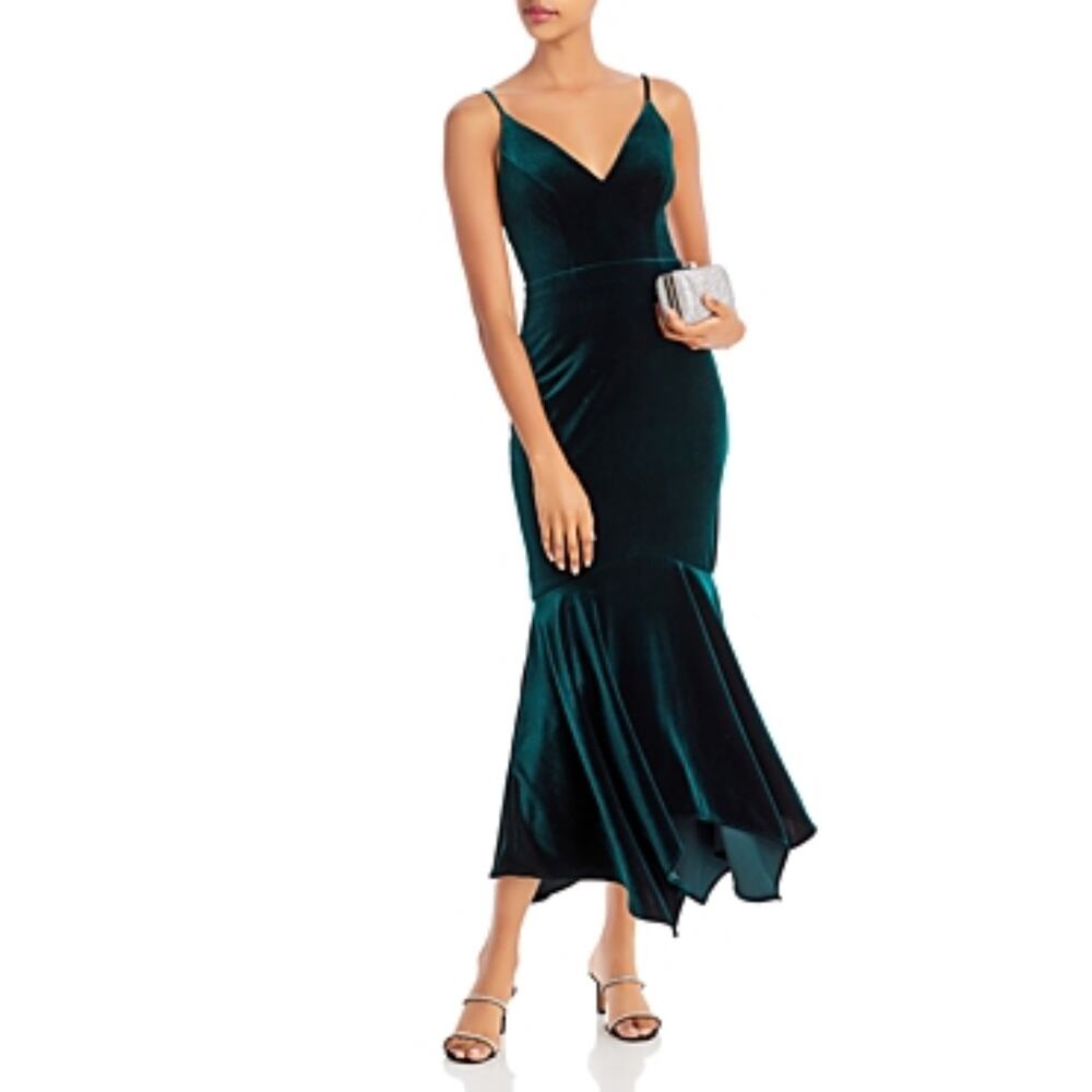 AQUA Green Velvet Sleeveless V-Neck High-Low Midi Sheath Cocktail Dress Size 6